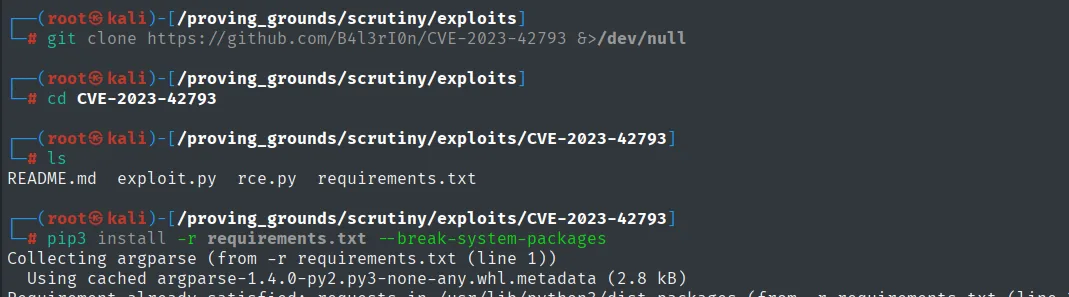 git clone del repositorio, el ls con exploit.py, rce.py y requirements.txt, y la instalación de dependencias