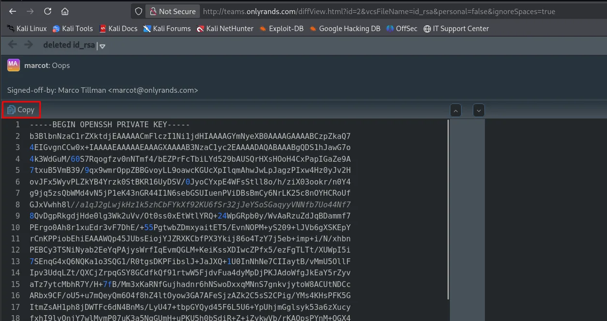 la vista diffView de TeamCity mostrando el id_rsa borrado por marcot, firmado por Marco Tillman, con la clave OPENSSH completa y el botón Copy resaltado