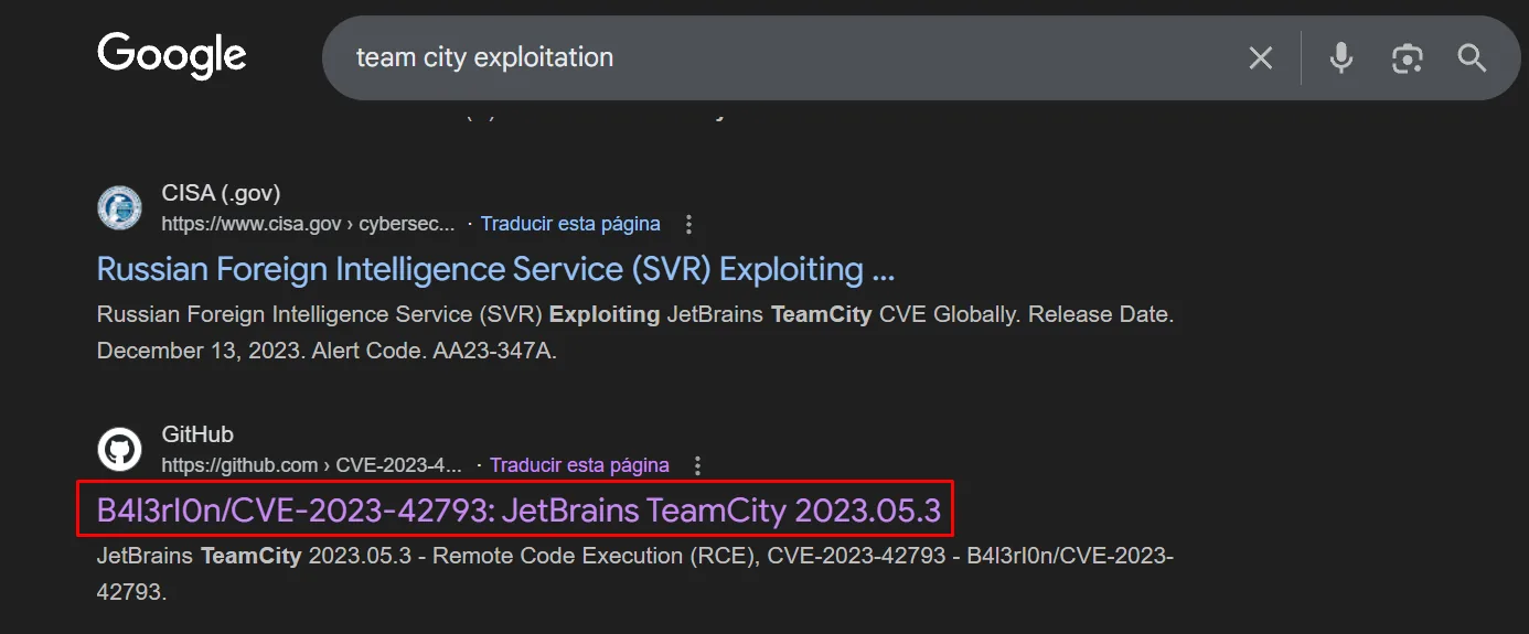 búsqueda "team city exploitation": aviso de CISA y el repo B4l3rI0n/CVE-2023-42793