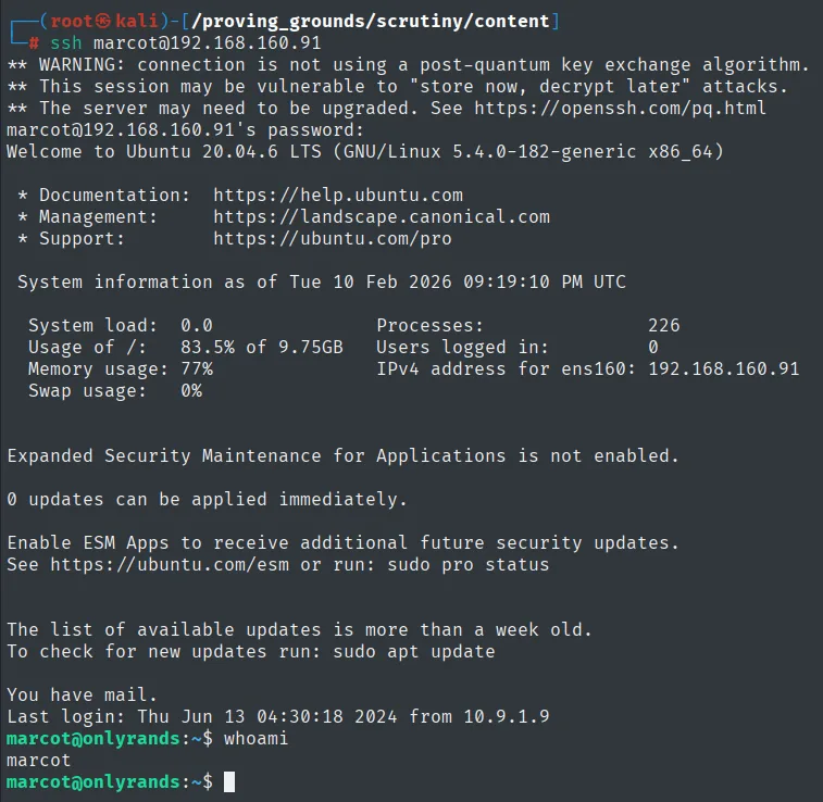 ssh como marcot: Ubuntu 20.04.6, "You have mail", whoami marcot