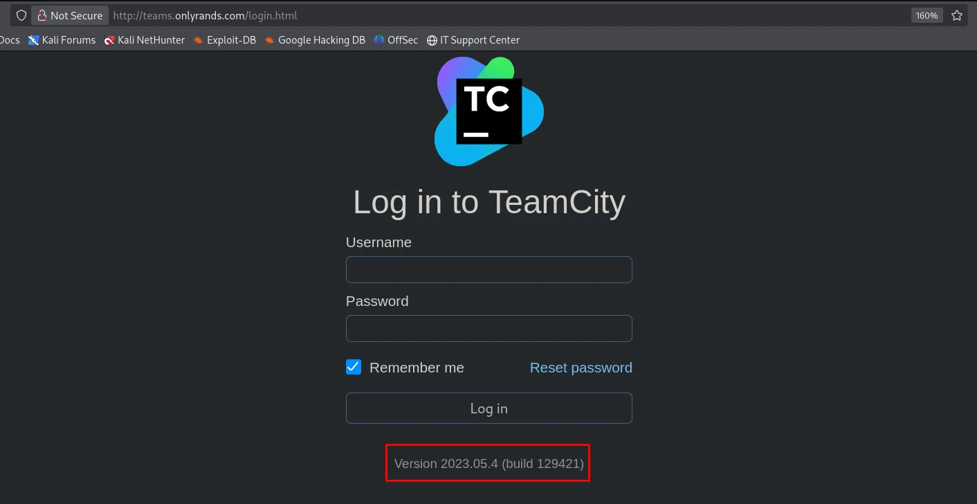 login de TeamCity en teams.onlyrands.com con "Version 2023.05.4 (build 129421)" al pie