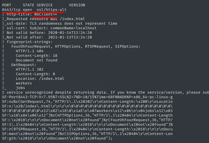 Relectura del escaneo: el 8443 es NSClient++ con certificado para localhost