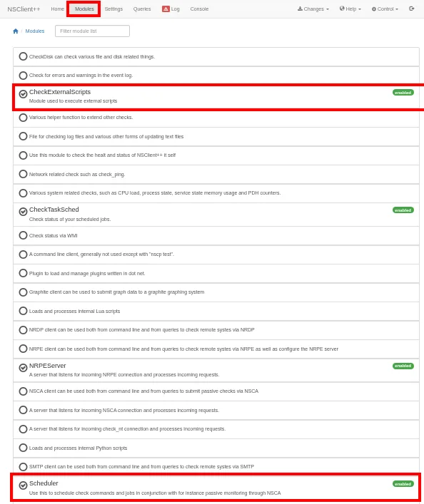 En Modules se habilitan CheckExternalScripts y Scheduler