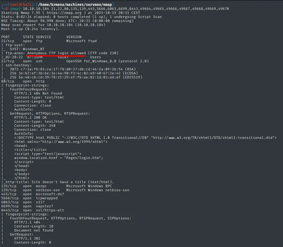 nmap -sCV: FTP anónimo permitido, SSH de Windows, HTTP que redirige a un login y un HTTPS en 8443