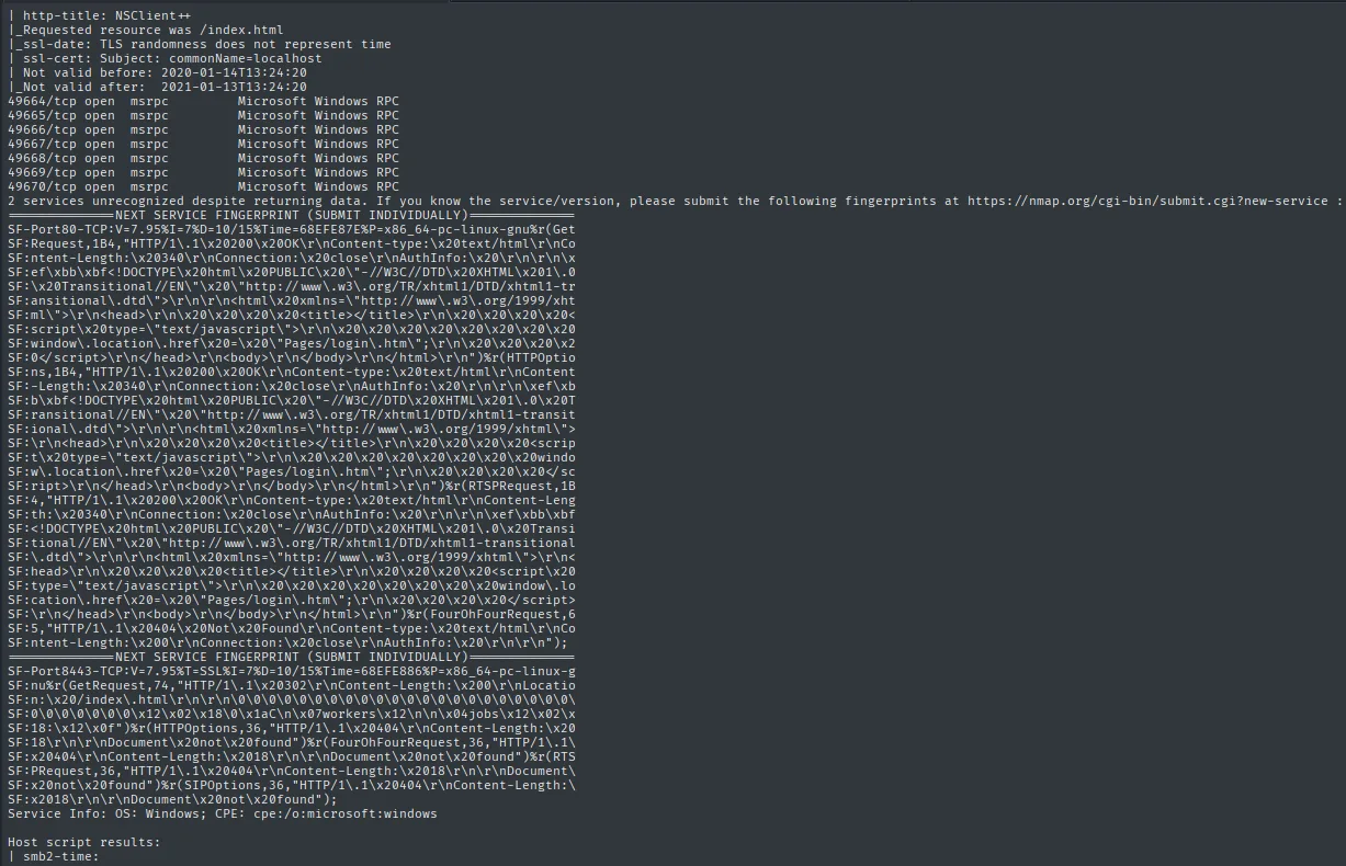 La segunda mitad del -sCV: el 8443 tiene el título NSClient++ y un certificado para localhost