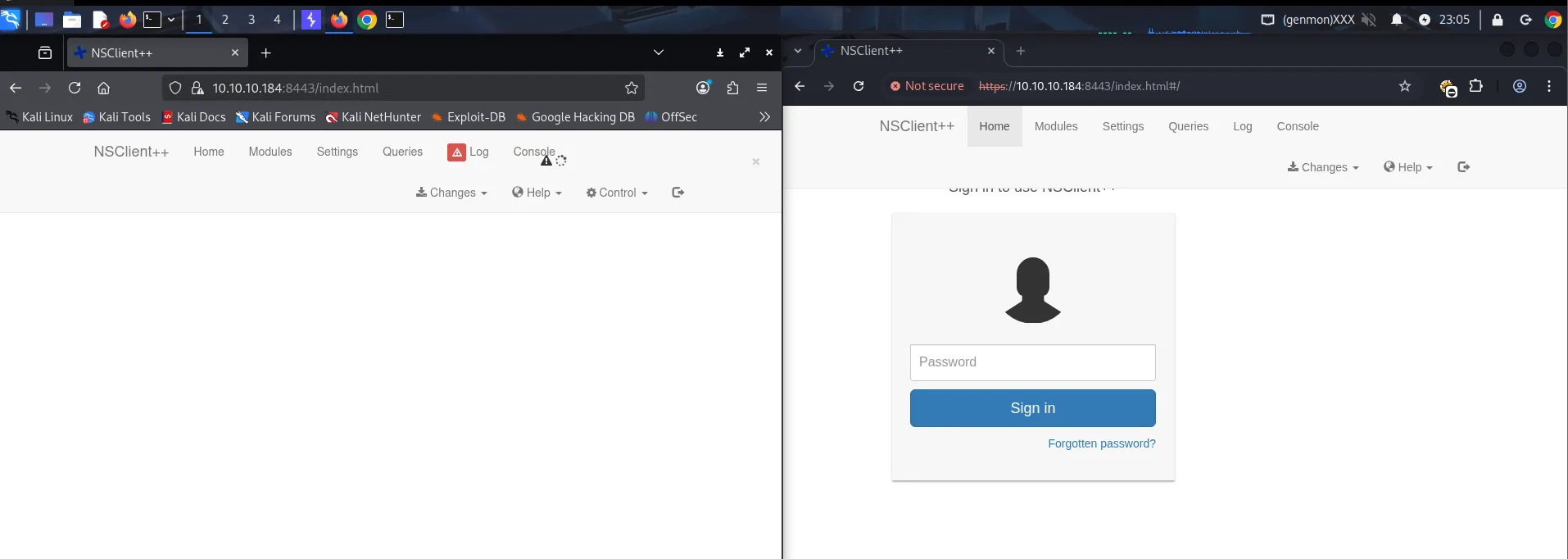 El mismo panel en Chrome, con su pantalla de login
