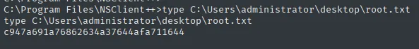 root.txt leída con la shell SYSTEM