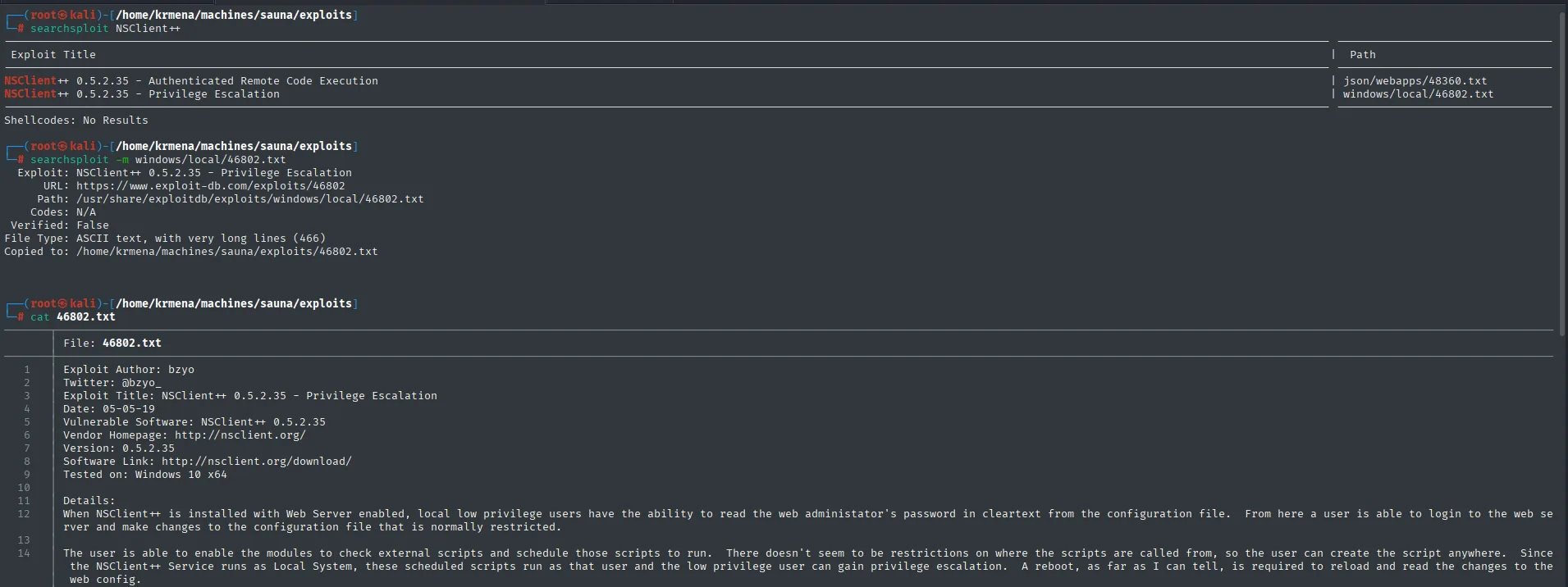 searchsploit muestra el privilege escalation de NSClient++ (Exploit-DB 46802)