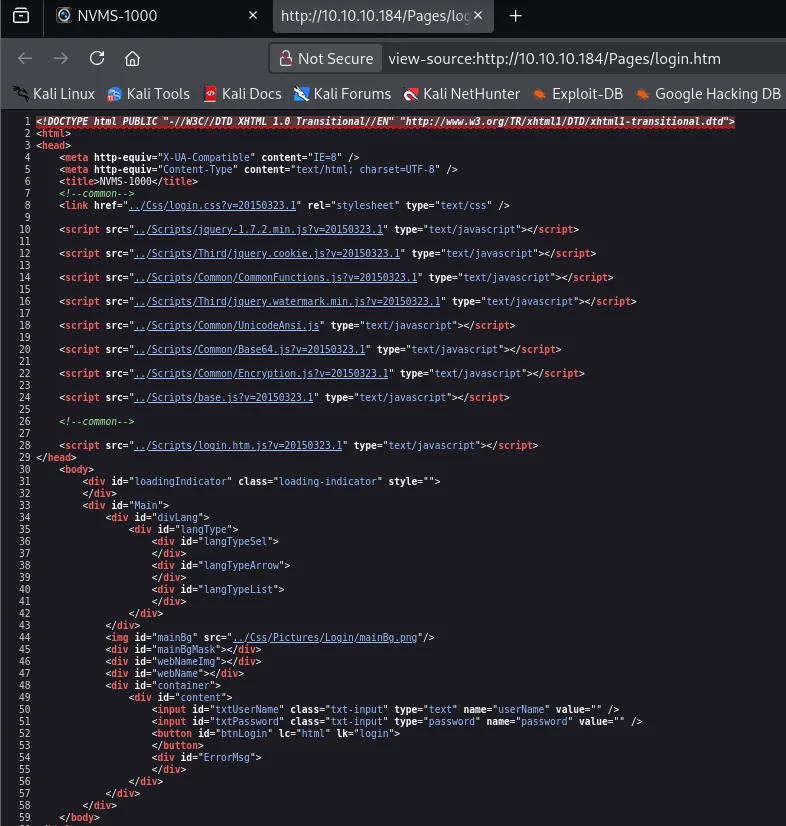 El código fuente: título NVMS-1000, jQuery 1.7.2 y recursos fechados en 2015
