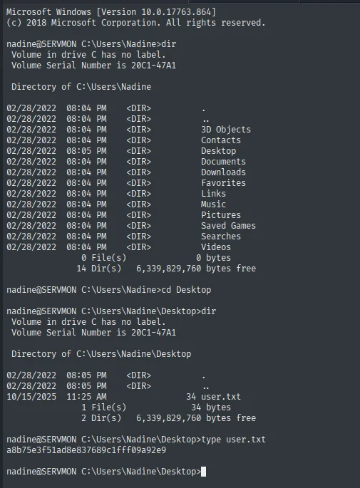 user.txt leída como Nadine
