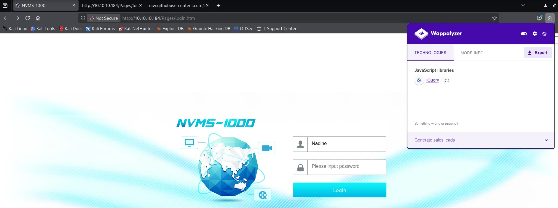 El panel de NVMS-1000 y Wappalyzer detectando jQuery 1.7.2