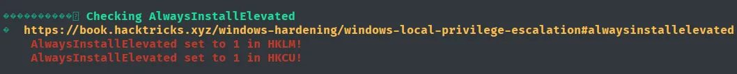 winPEAS: AlwaysInstallElevated set to 1 in HKLM y en HKCU
