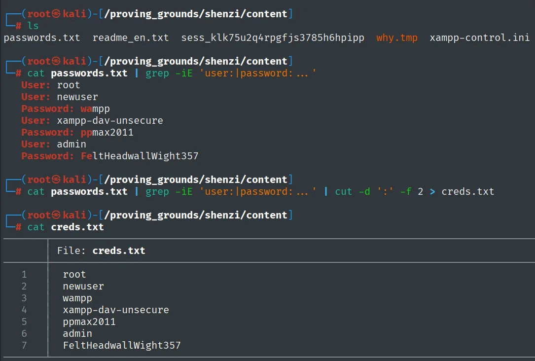 passwords.txt filtra las credenciales, incluida admin / FeltHeadwallWight357