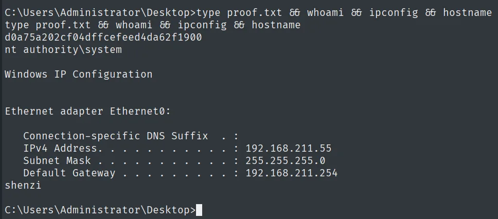 proof.txt leída como nt authority\system en Shenzi