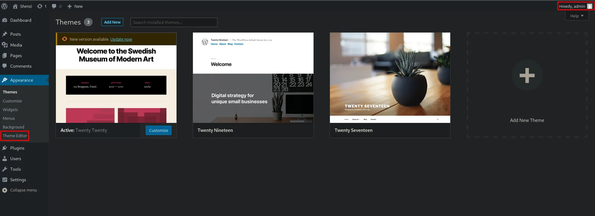 Dashboard de WordPress como admin; en Appearance está el Theme Editor y el tema activo es Twenty Twenty