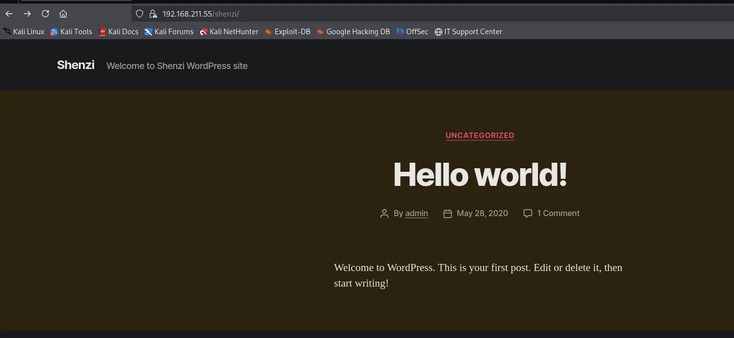 El sitio /shenzi/ es un WordPress ("Welcome to Shenzi WordPress site", post Hello world! por admin)