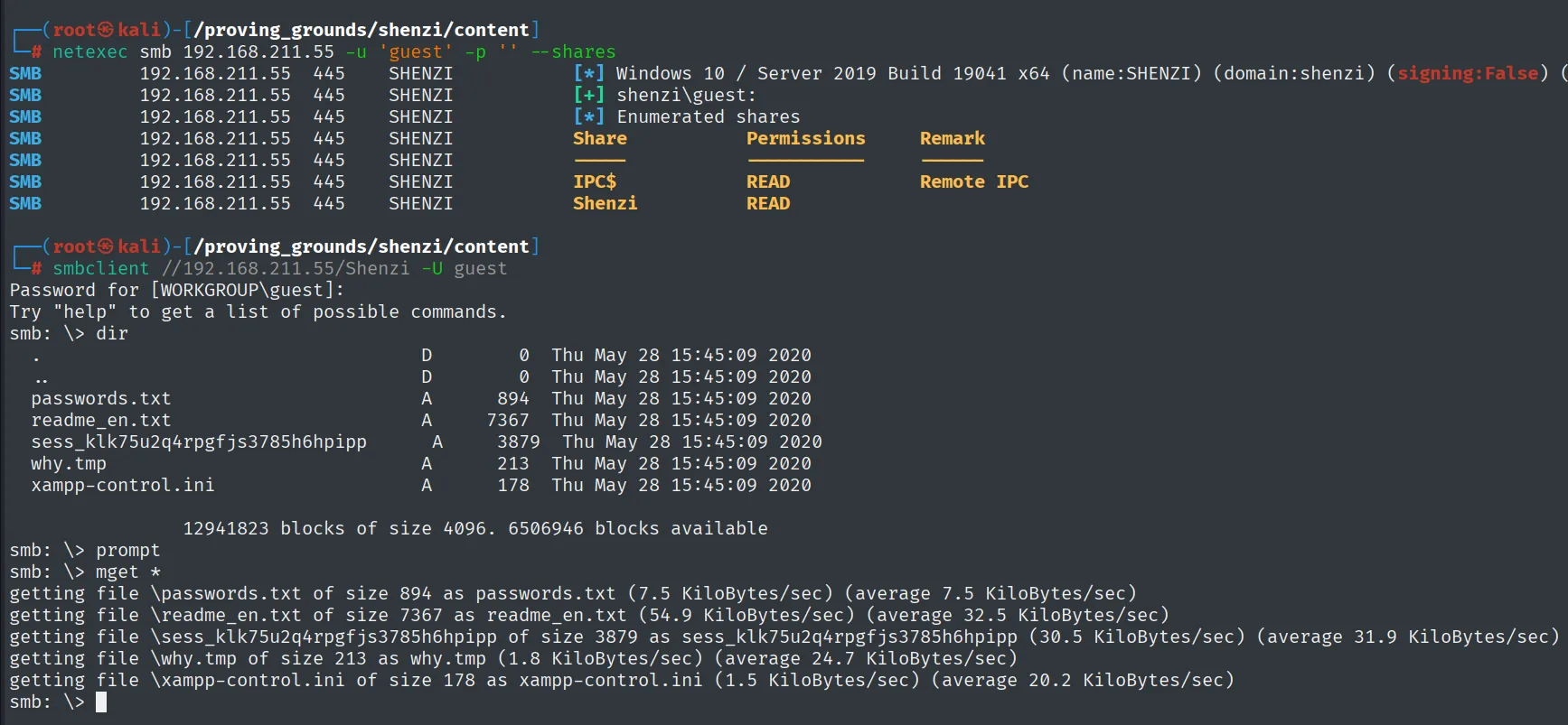 netexec confirma guest y lista el recurso Shenzi con permiso READ; smbclient descarga sus ficheros