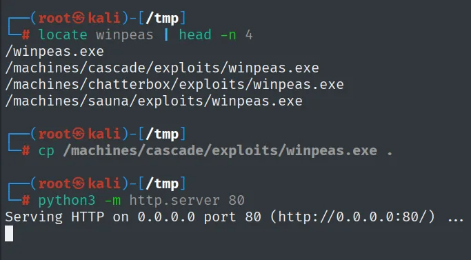 locate encuentra cuatro copias de winpeas.exe de otras maquinas, se copia la de cascade y se levanta el http.server en el 80