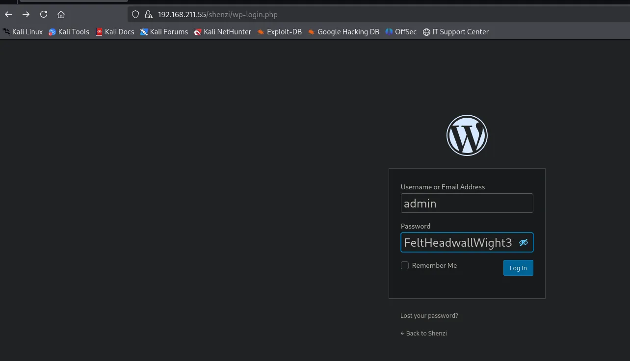 Login de WordPress en /shenzi/wp-login.php con admin y FeltHeadwallWight357