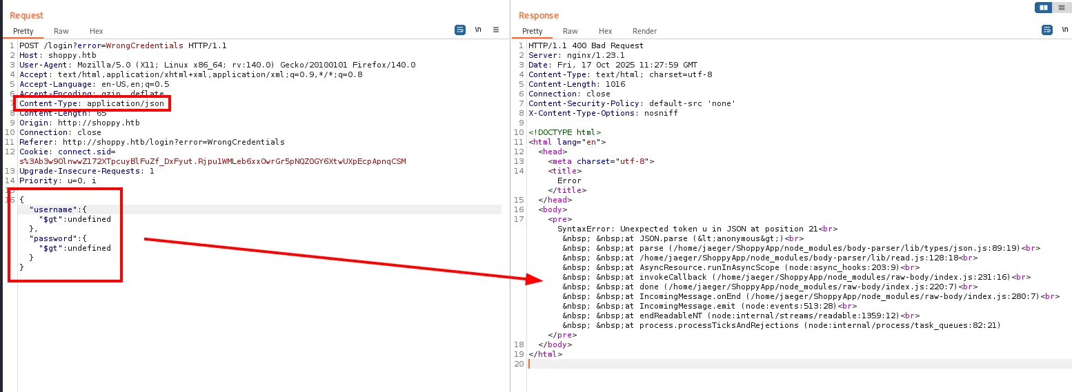 la respuesta 400 devuelve una traza de Node.js completa con las rutas internas de la aplicación