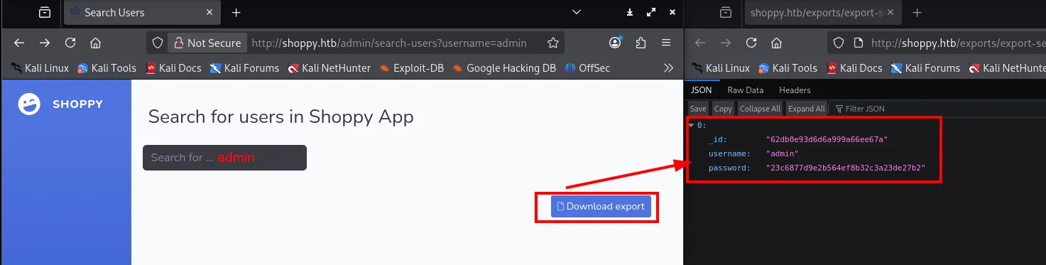 buscar admin devuelve un JSON con _id, username y password del usuario
