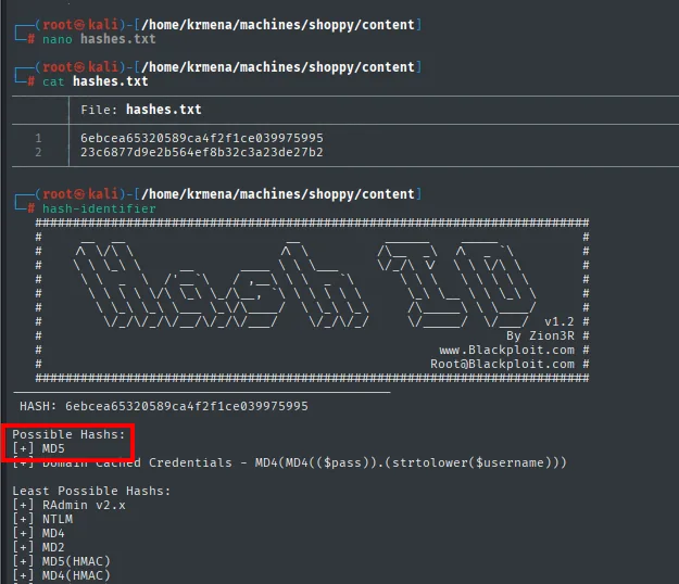 hashes.txt con los dos hashes y hash-identifier catalogando el de josh como MD5
