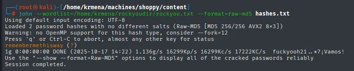 john carga los dos hashes y rompe uno: remembermethisway