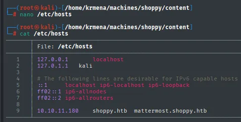 /etc/hosts con shoppy.htb y mattermost.shoppy.htb apuntando a la misma IP