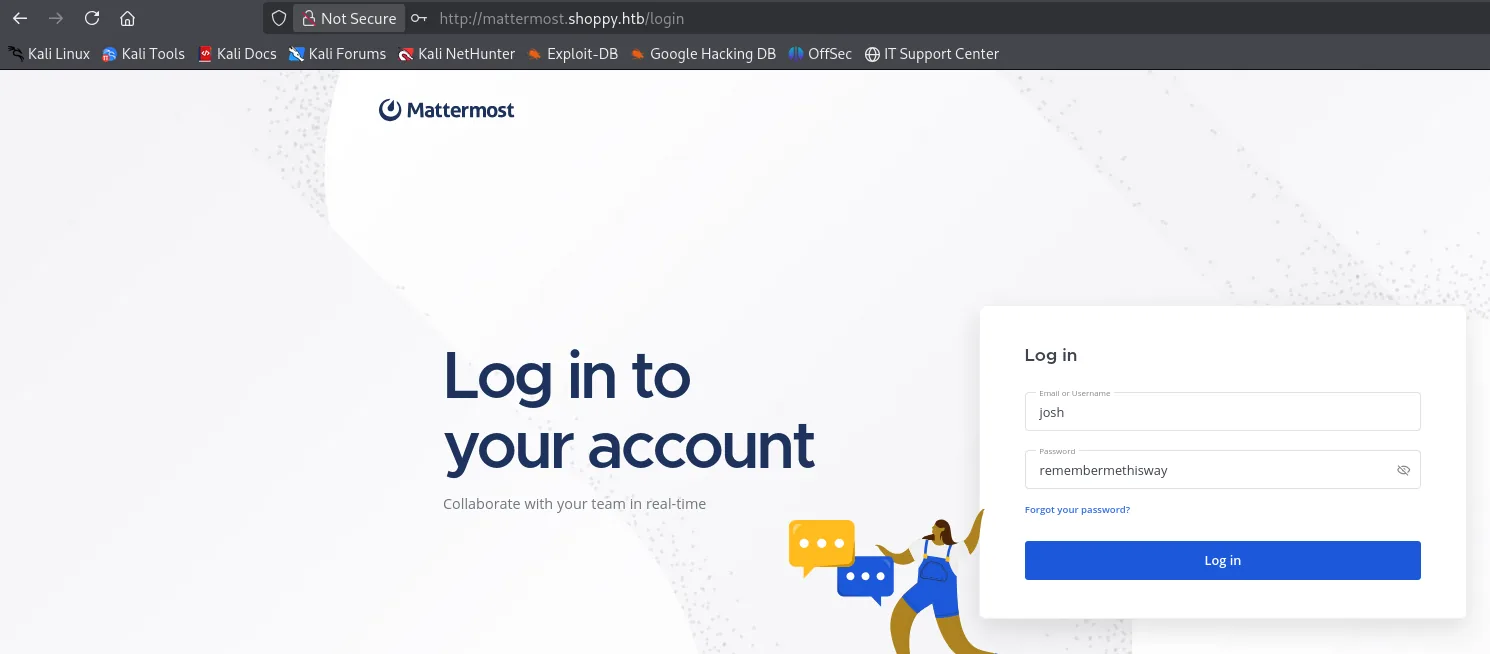 panel de login de Mattermost en mattermost.shoppy.htb con las credenciales de josh