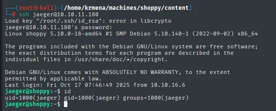 ssh como jaeger: uid 1000, sin grupos adicionales