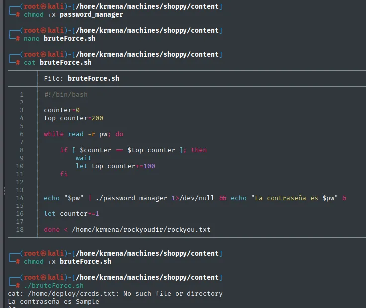 el script bruteForce.sh y su salida: cat no encuentra creds.txt pero revela que la contraseña es Sample