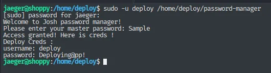 con la master password Sample el binario revela username deploy y password Deploying@pp!